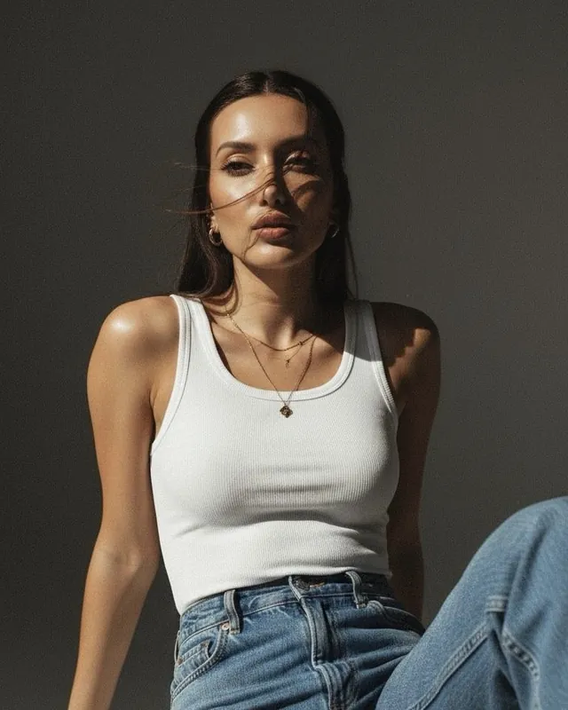 Ensaio com regata branca e jeans